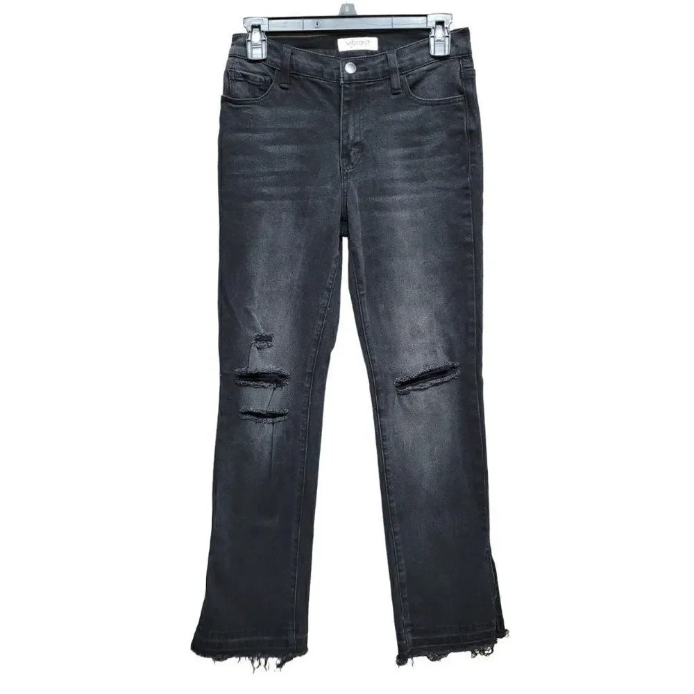Vibrant Miu Split Leg Vintage Black Bootcut‎ Ripped Jeans Womens Raw Hem 3 / 25